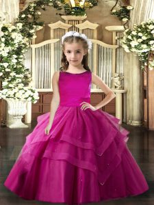 Fuchsia Ball Gowns Ruffled Layers Custom Made Pageant Dress Lace Up Tulle Sleeveless Floor Length