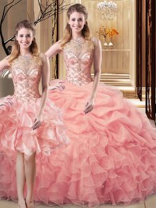 Trendy Peach Sleeveless Organza and Tulle Lace Up Sweet 16 Quinceanera Dress for Sweet 16 and Quinceanera