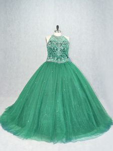 Classical Sleeveless Tulle Brush Train Lace Up Vestidos de Quinceanera in Green with Beading