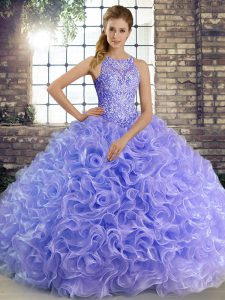 Great Fabric With Rolling Flowers Scoop Sleeveless Lace Up Beading Quinceanera Gowns in Lavender
