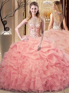 Flirting Scoop Sleeveless Quinceanera Gowns Floor Length Beading and Ruffles Peach Organza