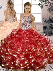 Sleeveless Organza Floor Length Lace Up Vestidos de Quinceanera in Red with Beading and Ruffles