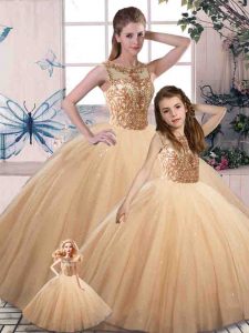 Fashionable Scoop Sleeveless Ball Gown Prom Dress Floor Length Beading Gold Tulle