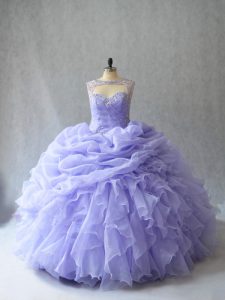 Lavender Lace Up Quince Ball Gowns Beading and Ruffles and Pick Ups Sleeveless Brush Train