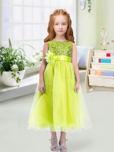 Organza Sleeveless Tea Length Little Girls Pageant Dress Wholesale and Sequins and Hand Made Flower