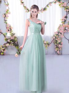 Light Blue Tulle Side Zipper V-neck Sleeveless Floor Length Quinceanera Dama Dress Lace and Belt