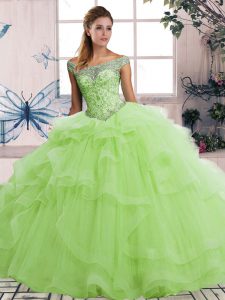 Popular Floor Length Lace Up Sweet 16 Dress Yellow Green for Military Ball and Sweet 16 and Quinceanera with Beading and Ruffles