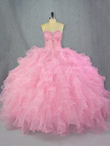 High Class Pink Ball Gown Prom Dress Sweet 16 and Quinceanera with Beading and Ruffles Sweetheart Sleeveless Lace Up