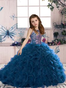 New Arrival Floor Length Ball Gowns Sleeveless Navy Blue Pageant Gowns For Girls Lace Up