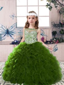 Olive Green Sleeveless Beading and Ruffles Floor Length Kids Pageant Dress