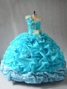 Aqua Blue Ball Gowns Pick Ups and Hand Made Flower Quinceanera Gown Lace Up Organza Sleeveless Floor Length