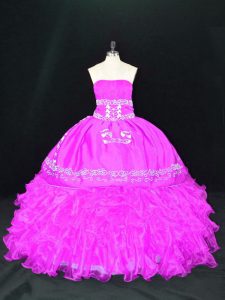 Sleeveless Organza Floor Length Lace Up Ball Gown Prom Dress in Fuchsia with Embroidery and Ruffles
