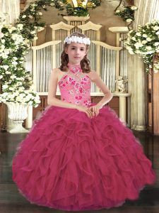 Latest Sleeveless Floor Length Appliques and Ruffles Lace Up Pageant Gowns For Girls with Hot Pink