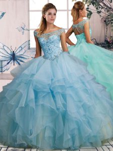 Off The Shoulder Sleeveless Organza Sweet 16 Dress Beading and Ruffles Lace Up