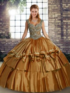 Stylish Sleeveless Floor Length Beading and Ruffled Layers Lace Up Quince Ball Gowns with Brown