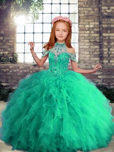 Floor Length Lace Up Pageant Gowns Turquoise for Party and Military Ball and Wedding Party with Beading and Ruffles