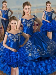 Charming Ball Gowns Quinceanera Gowns Royal Blue Off The Shoulder Satin and Organza Sleeveless Floor Length Lace Up