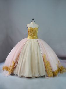 Flirting Sleeveless Beading and Lace and Appliques Lace Up Quinceanera Gown with Pink and Champagne Brush Train