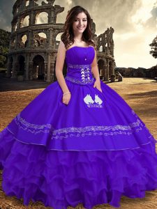 Custom Designed Purple Ball Gowns Strapless Sleeveless Satin and Organza Floor Length Lace Up Embroidery and Ruffles Quinceanera Dresses