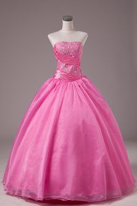 Romantic Rose Pink Sleeveless Embroidery Floor Length Quince Ball Gowns