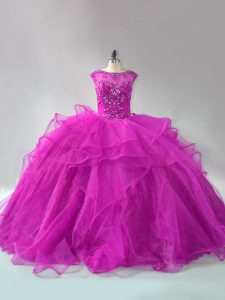 Fashion Fuchsia Ball Gowns Organza Scoop Long Sleeves Beading and Ruffles Lace Up Vestidos de Quinceanera Brush Train