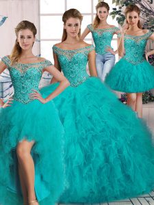 Custom Fit Aqua Blue Lace Up Off The Shoulder Beading and Ruffles Quinceanera Gowns Tulle Long Sleeves Brush Train