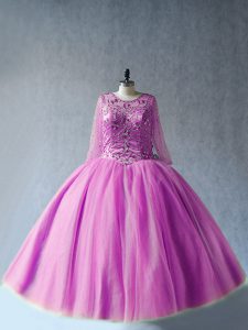 Lovely Tulle Long Sleeves Floor Length 15 Quinceanera Dress and Beading