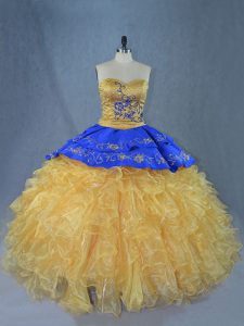 Gold Lace Up Sweetheart Embroidery and Ruffles Quinceanera Gowns Organza Sleeveless Brush Train
