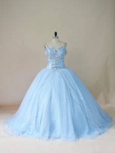 Spectacular Straps Sleeveless Quinceanera Gowns Brush Train Beading Light Blue Tulle