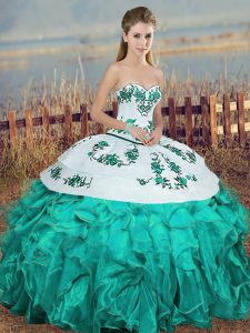 Super Turquoise Organza Lace Up Sweet 16 Dress Sleeveless Floor Length Embroidery and Ruffles and Bowknot