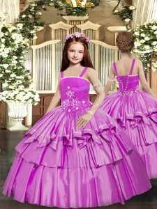 Straps Sleeveless Lace Up Little Girls Pageant Dress Wholesale Lilac Taffeta