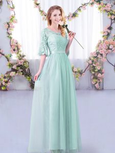 Chic Light Blue Side Zipper Dama Dress for Quinceanera Lace and Belt Half Sleeves Floor Length