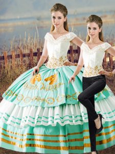 Apple Green Satin and Organza Lace Up Quince Ball Gowns Sleeveless Floor Length Embroidery and Ruffled Layers