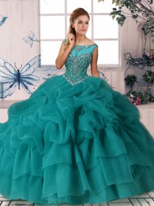 Pretty Zipper Vestidos de Quinceanera Teal for Military Ball and Sweet 16 and Quinceanera with Beading and Pick Ups Brush Train