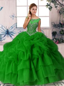 Green Ball Gowns Scoop Sleeveless Organza Brush Train Zipper Beading and Pick Ups Quince Ball Gowns