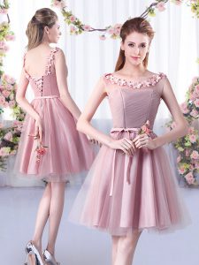 Luxurious Pink A-line Appliques and Belt Dama Dress for Quinceanera Lace Up Tulle Sleeveless Knee Length