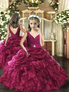 V-neck Sleeveless Kids Pageant Dress Floor Length Beading and Ruffles and Pick Ups Fuchsia Organza