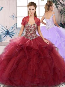 Affordable Floor Length Burgundy Quinceanera Gown Tulle Sleeveless Beading and Ruffles