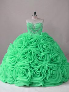 Sweetheart Sleeveless Fabric With Rolling Flowers 15 Quinceanera Dress Beading and Ruffles Brush Train Lace Up
