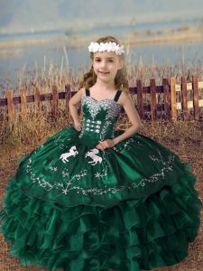 Floor Length Dark Green Little Girl Pageant Gowns Organza Sleeveless Embroidery and Ruffled Layers