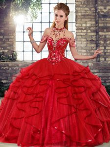 Elegant Red Quinceanera Gowns Military Ball and Sweet 16 and Quinceanera with Beading and Ruffles Halter Top Sleeveless Lace Up