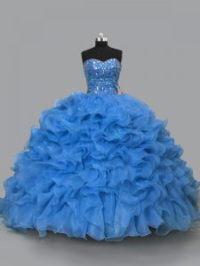 Sleeveless Floor Length Beading and Ruffles Lace Up Vestidos de Quinceanera with Blue