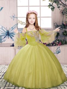 Affordable Olive Green Ball Gowns Tulle Straps Sleeveless Beading Floor Length Lace Up Little Girls Pageant Dress Wholesale