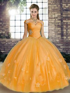 Eye-catching Off The Shoulder Sleeveless Lace Up Vestidos de Quinceanera Orange Tulle