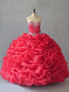 Amazing Beading and Pick Ups Sweet 16 Dresses Coral Red Lace Up Sleeveless Floor Length