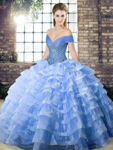 Graceful Off The Shoulder Sleeveless Brush Train Lace Up Quinceanera Dresses Blue Organza