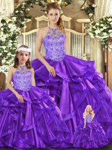 Purple Sweet 16 Dress Sweet 16 and Quinceanera with Beading and Ruffles Halter Top Sleeveless Lace Up