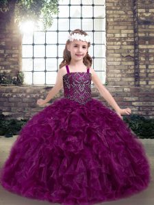 Beading and Ruffles Little Girl Pageant Dress Fuchsia Lace Up Sleeveless Floor Length