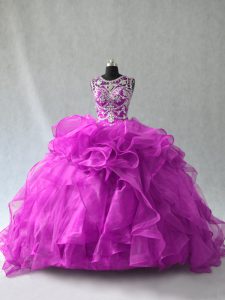 Cute Purple Lace Up 15th Birthday Dress Beading and Ruffles Sleeveless Floor Length