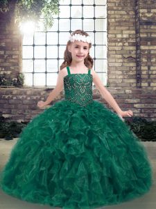 Dark Green Ball Gowns Straps Sleeveless Organza Floor Length Lace Up Beading and Ruffles Pageant Gowns For Girls